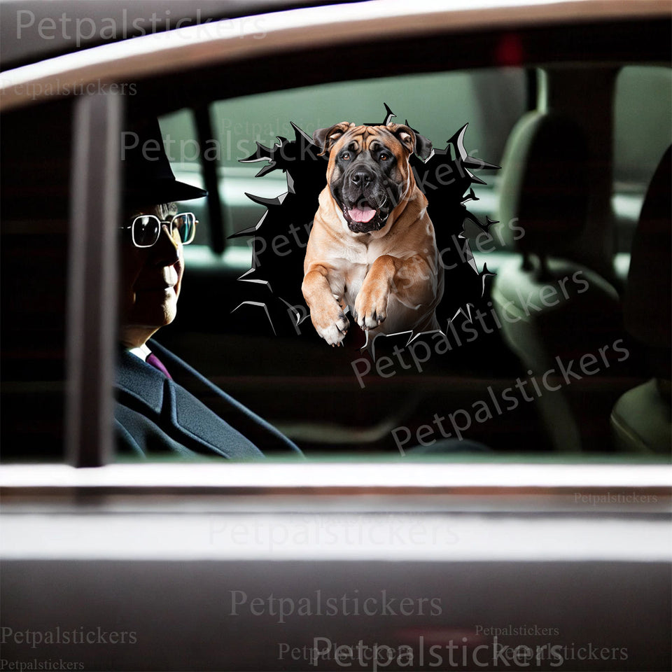 Realistic 3D Mastiff graphic decal applied smoothly to the exterior of a dark car door.