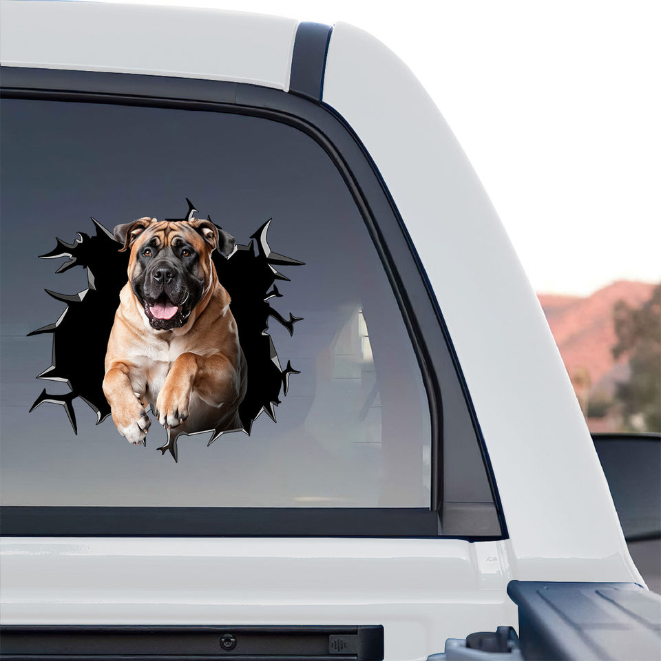 Funny cracked glass Mastiff sticker displayed clearly on the back window of a truck.