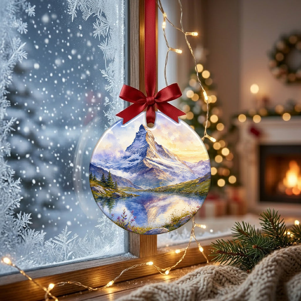 Ceramic alpine landscape ornament hanging in front of a frosty window catching soft winter daylight.