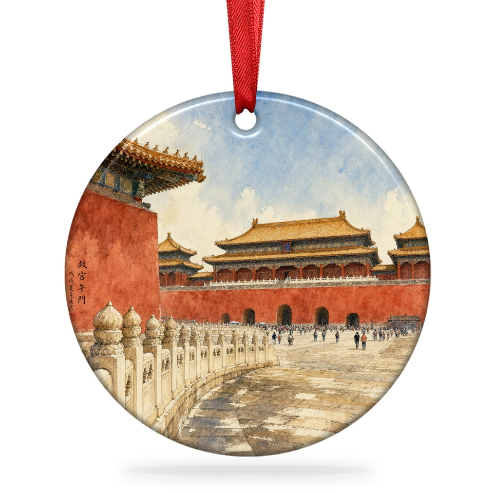 Meridian Gate, Forbidden City ceramic ornament shown with hanging ribbon against a crisp white background.
