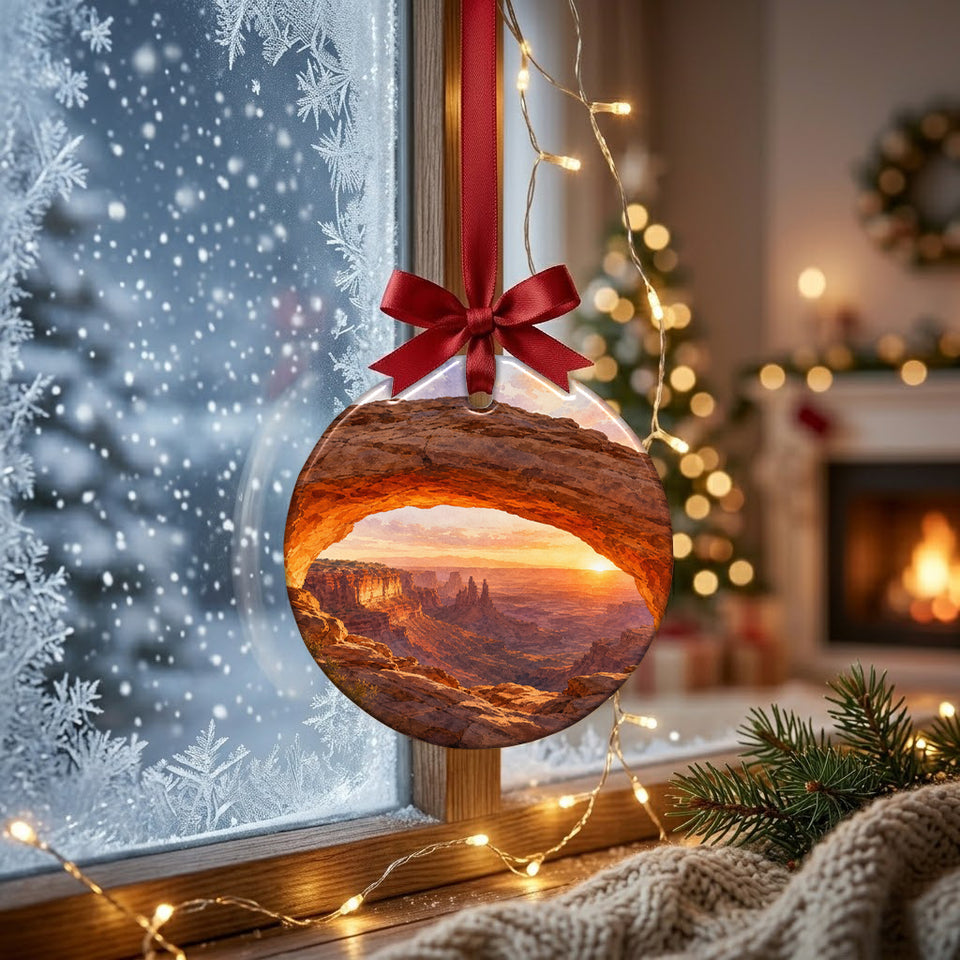 Mesa Arch holiday ornament hanging by a frosty winter window in natural morning daylight