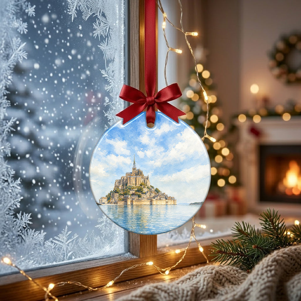 Festive tidal abbey decoration suspended in front of a frosty winter window in daylight.