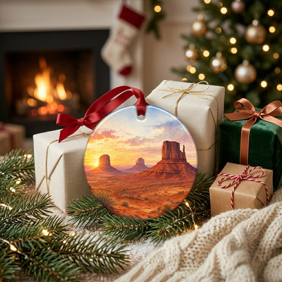 Holiday desert ornament placed next to wrapped gifts in front of a warm, softly glowing living room fireplace.
