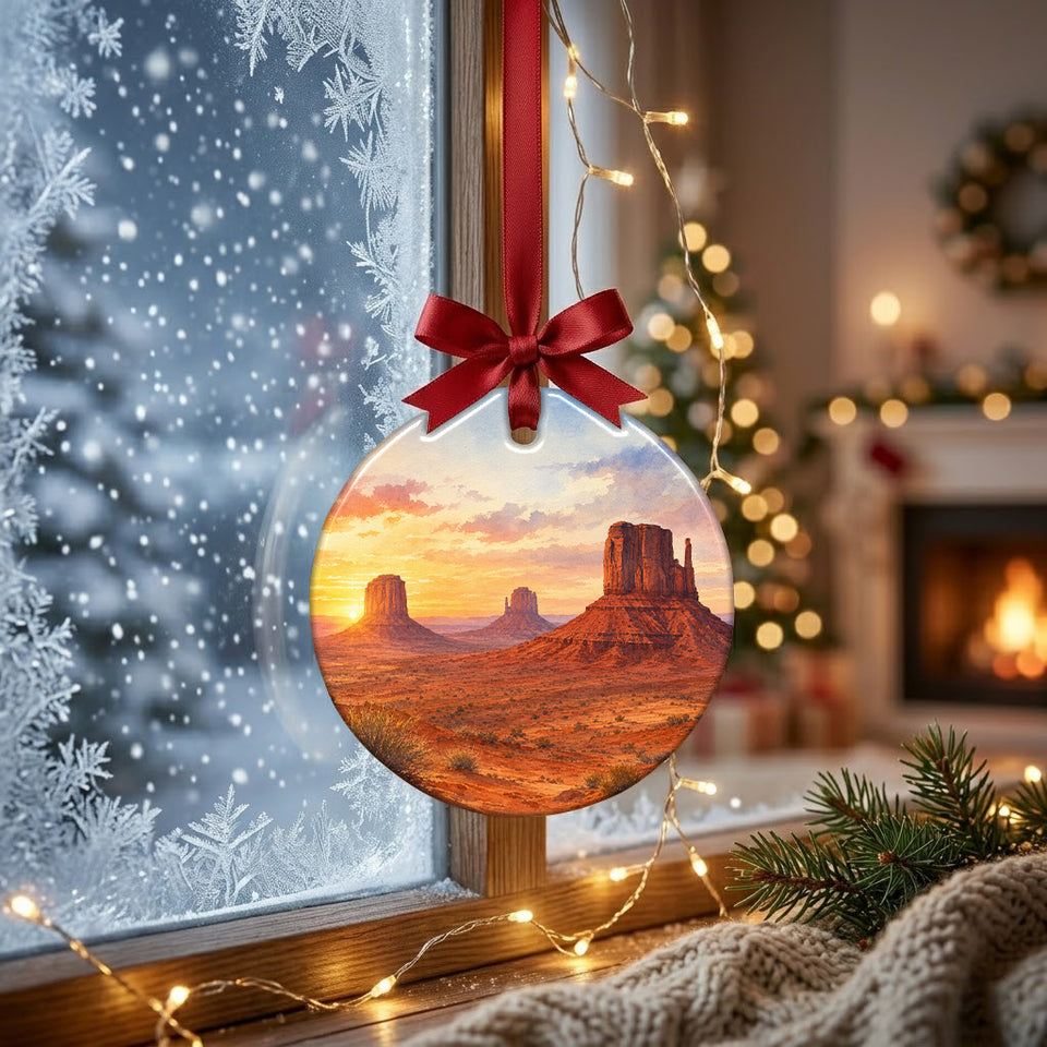 Southwestern Christmas decoration suspended before a frosty winter window overlooking gentle daylight outside.