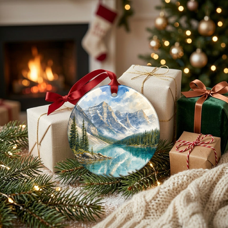 Banff National Park travel ornament resting beside wrapped holiday gifts and a warm glowing fireplace