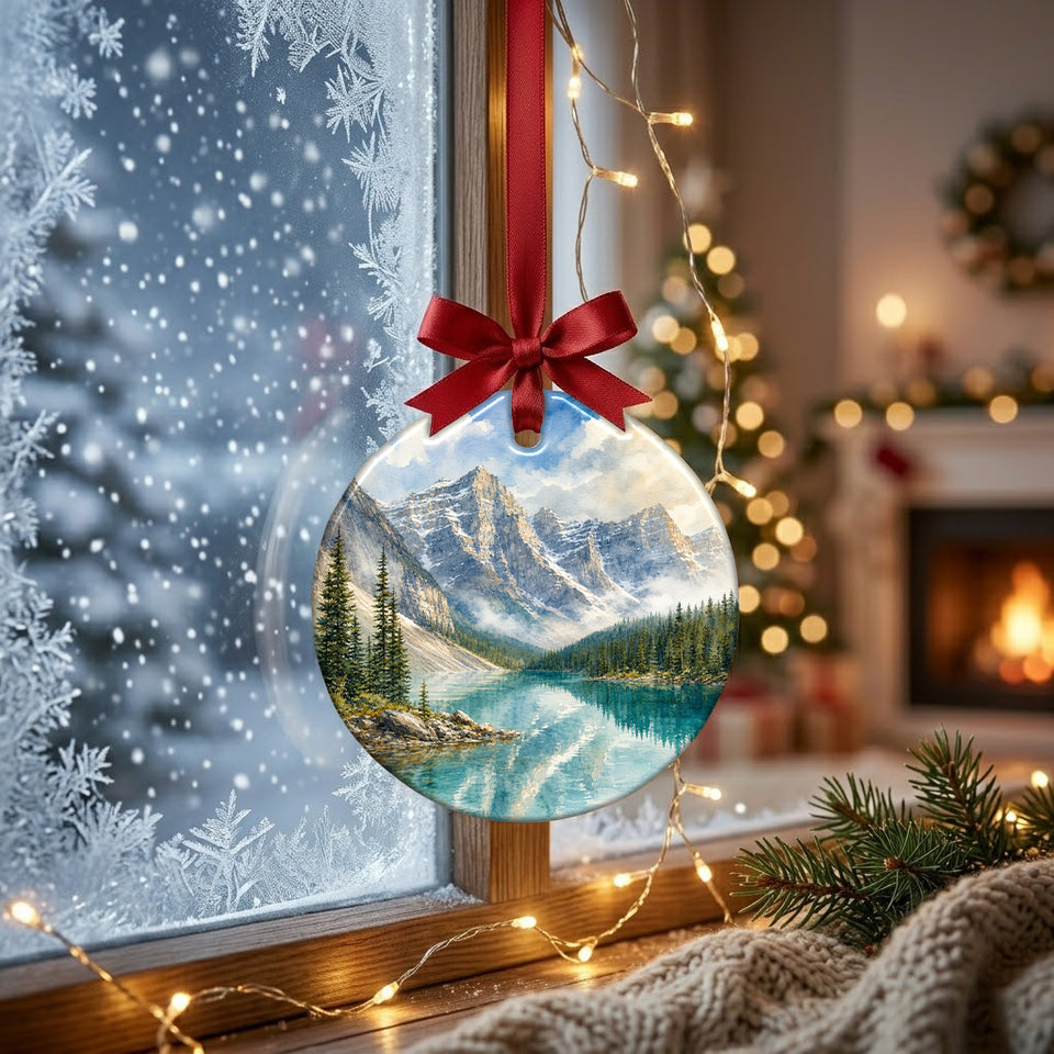 Scenic winter keepsake suspended gracefully in front of a frosty window with soft morning daylight