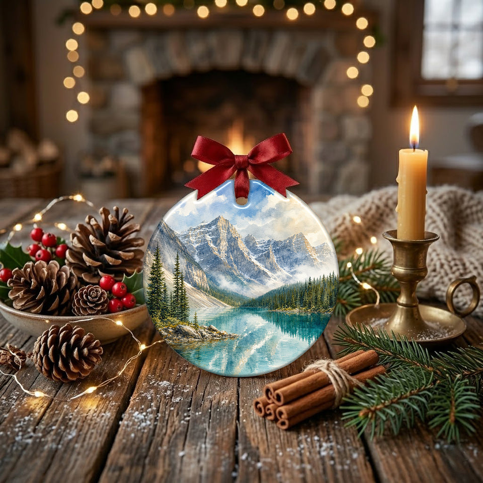 Holiday keepsake ornament displayed on a rustic table alongside a lit candle and a pinecone