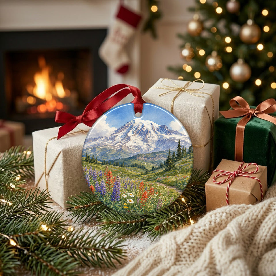 Festive alpine travel ornament resting near wrapped holiday gifts in front of a warm fireplace.