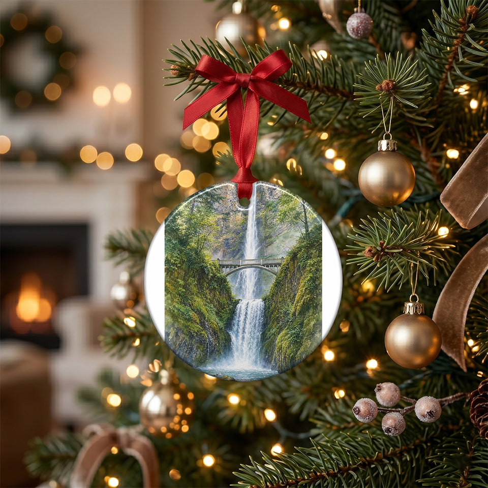 Oregon waterfall holiday ornament hanging gently on an illuminated Christmas tree branch.