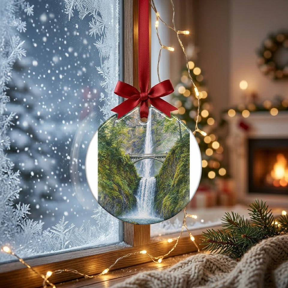 Two tier cascade ornament hanging before a frosty winter window in soft daylight.