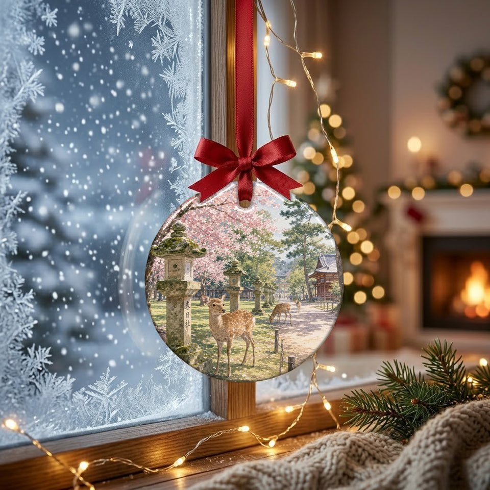 Keepsake travel ornament hanging in front of a frosty winter window with soft morning daylight.