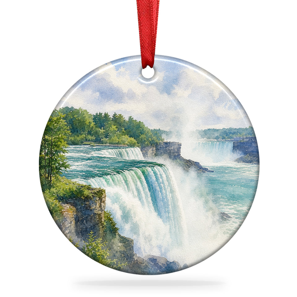 Niagara Falls ceramic ornament showing turquoise waterfalls against a clean white background.