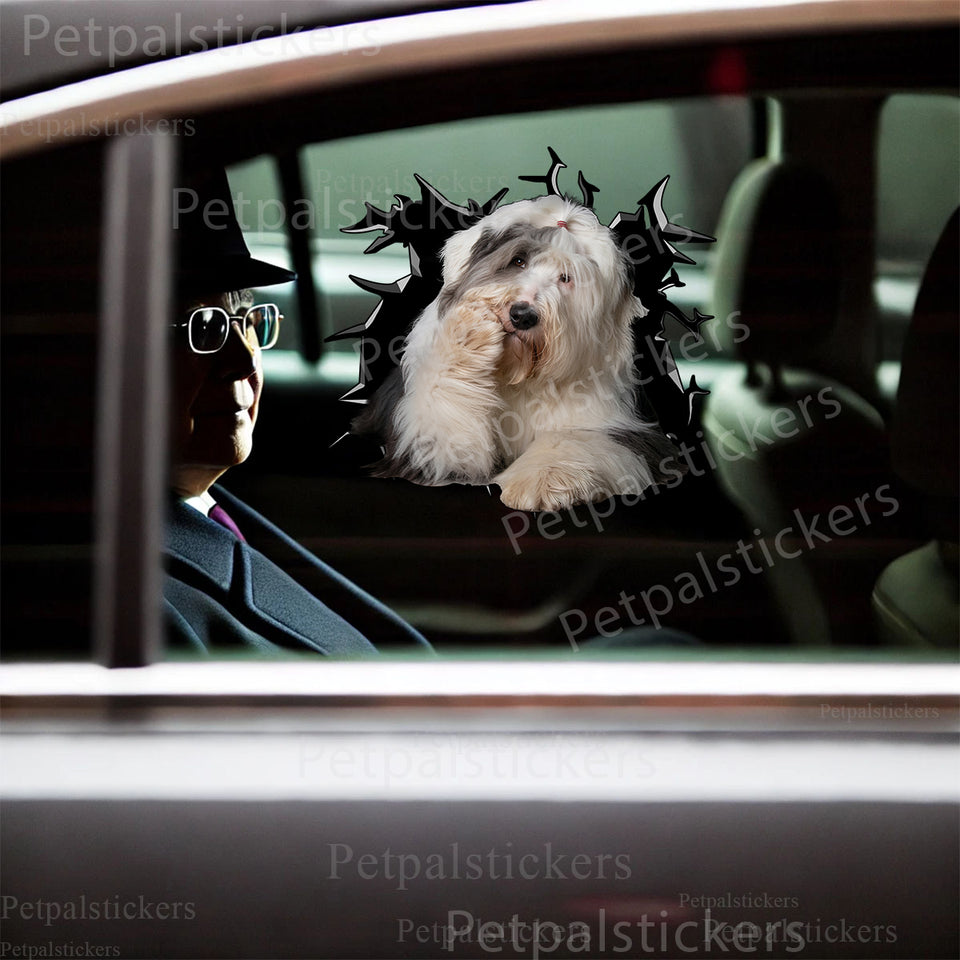 Car door decorated with a playful Old English Sheepdog vinyl decal featuring rich gloss detail.