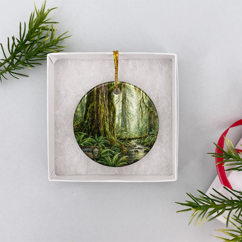 Round Olympic National Park holiday souvenir presented neatly inside an open white gift box.