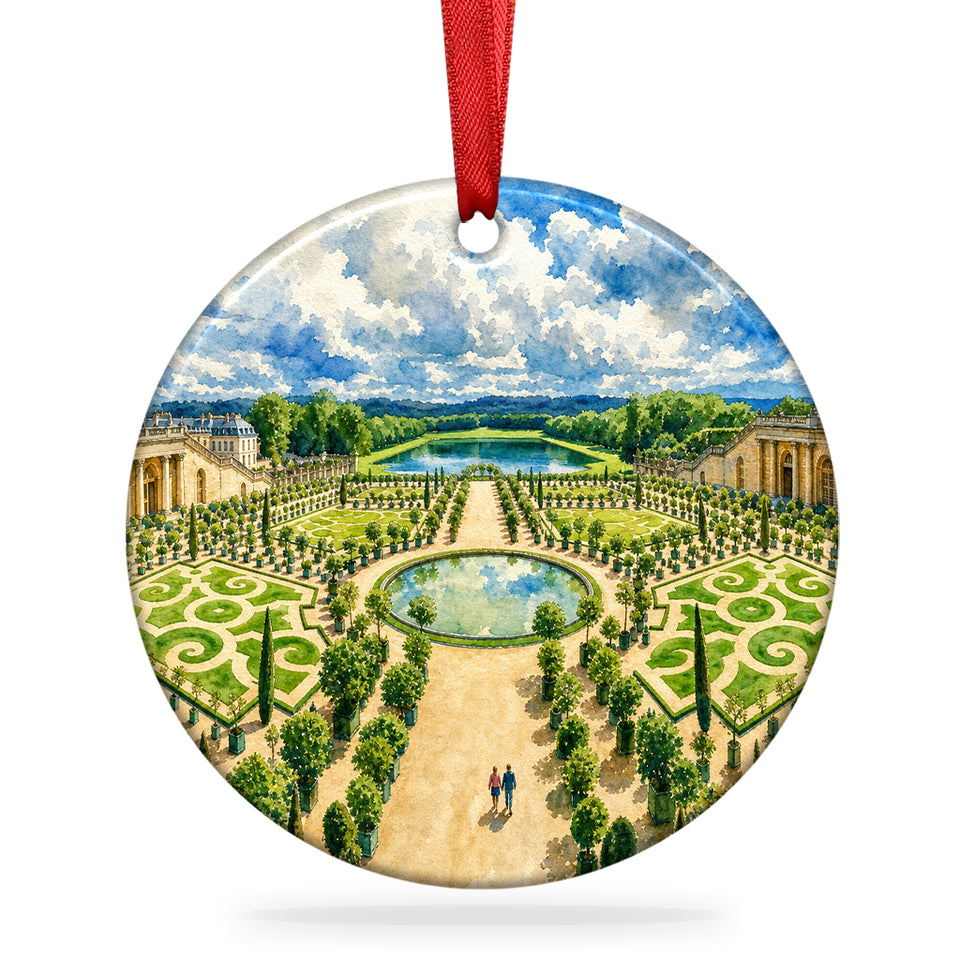 Palace of Versailles Gardens ceramic ornament shown on an isolated white background with included hanging ribbon.