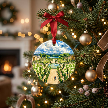 Holiday keepsake ornament arranged on a rustic tabletop surrounded by winter pinecones and soft candlelight.