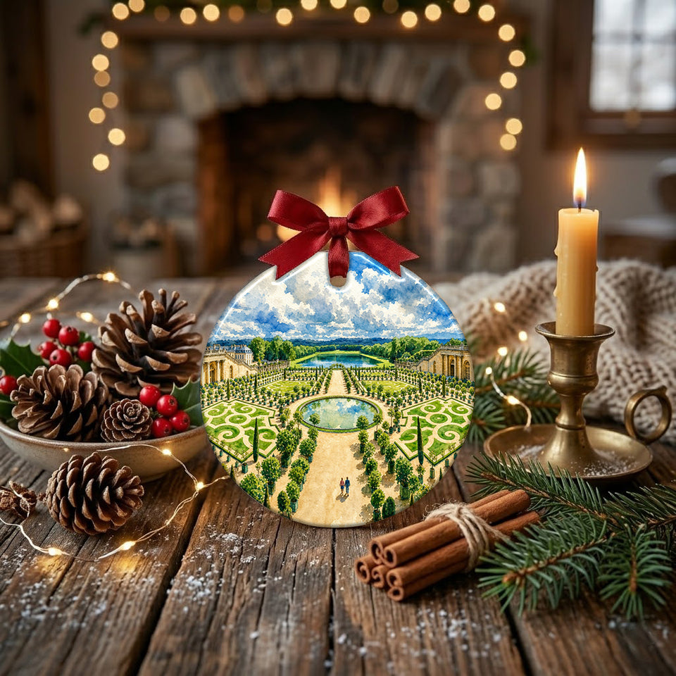 Holiday keepsake ornament arranged on a rustic tabletop surrounded by winter pinecones and soft candlelight.