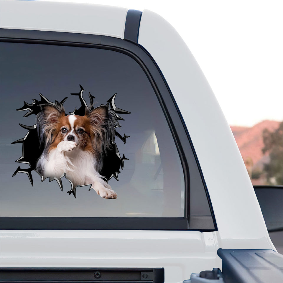 Vibrant Papillon dog graphic sticker prominently displayed on the rear glass of a truck.