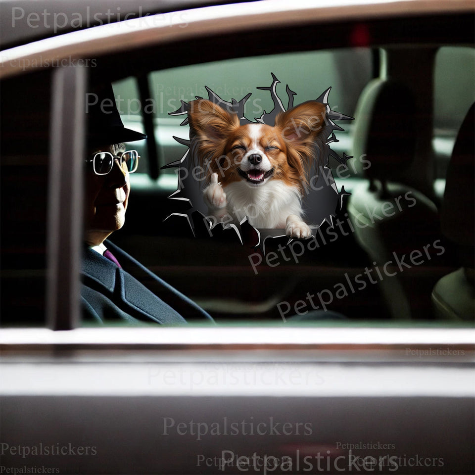 Vibrant Papillon dog decal displayed smoothly on the exterior car door surface.