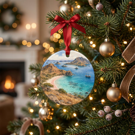 Pink Beach Christmas keepsake styled on a rustic holiday table next to a natural pinecone and candle.