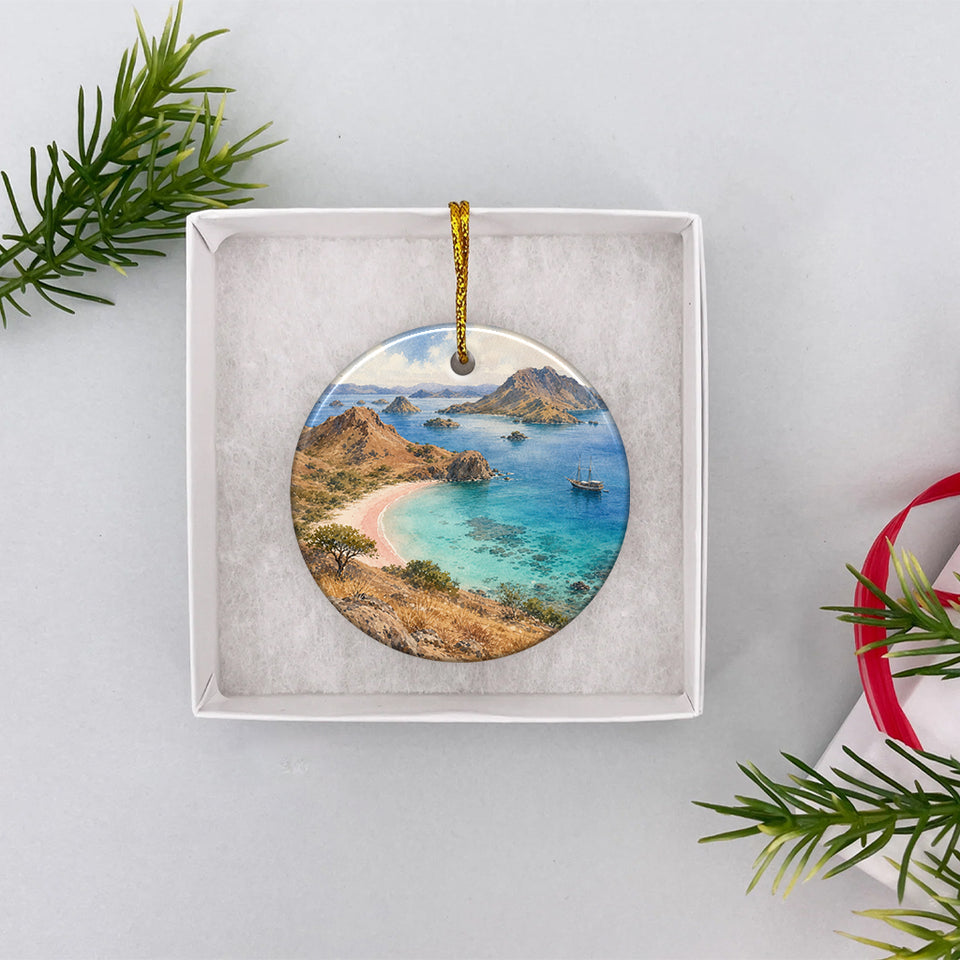 Komodo National Park souvenir ornament packaged neatly inside an opened white gift box ready for giving.