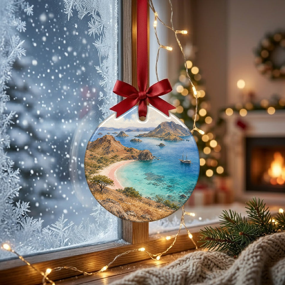 Tropical island souvenir ornament suspended in front of a frosty winter window catching soft morning daylight.