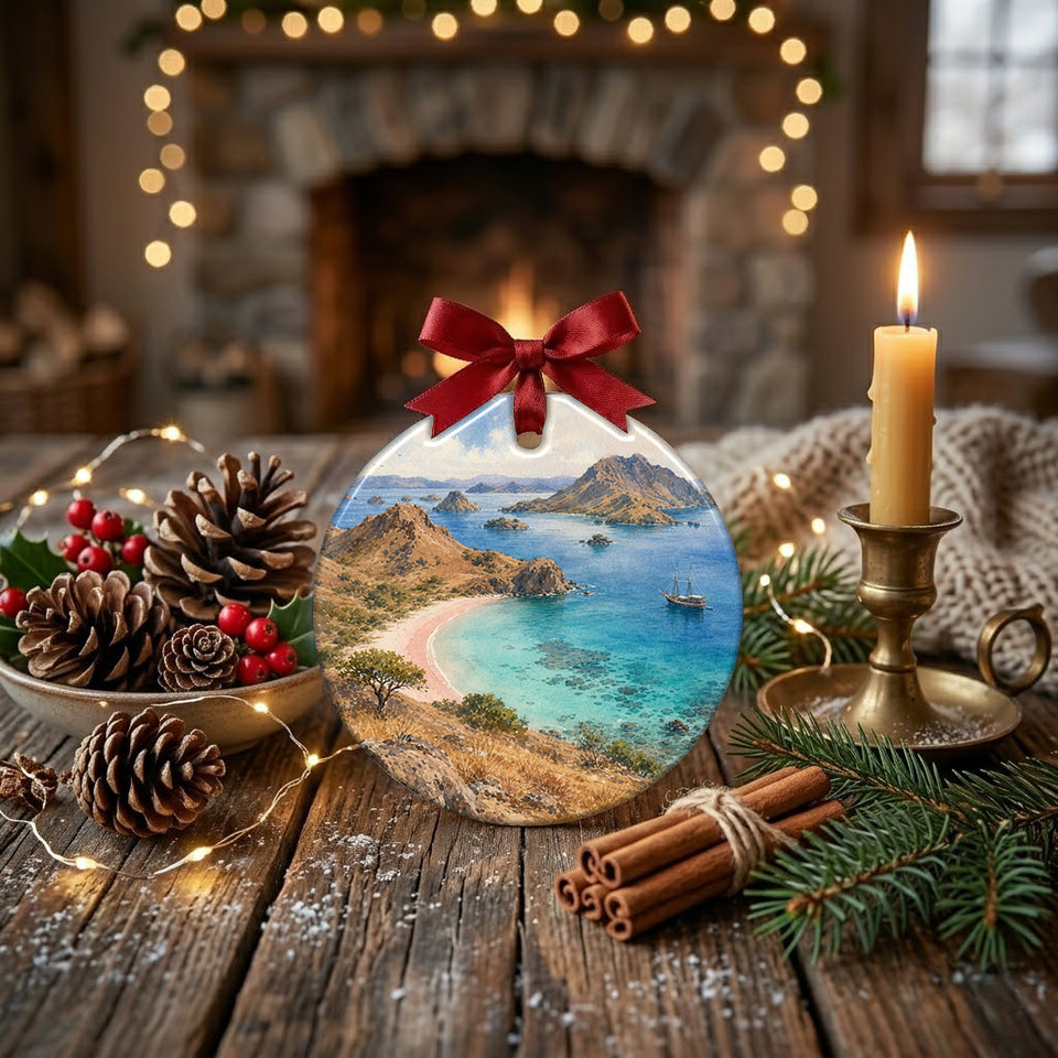Pink Beach Christmas keepsake styled on a rustic holiday table next to a natural pinecone and candle.