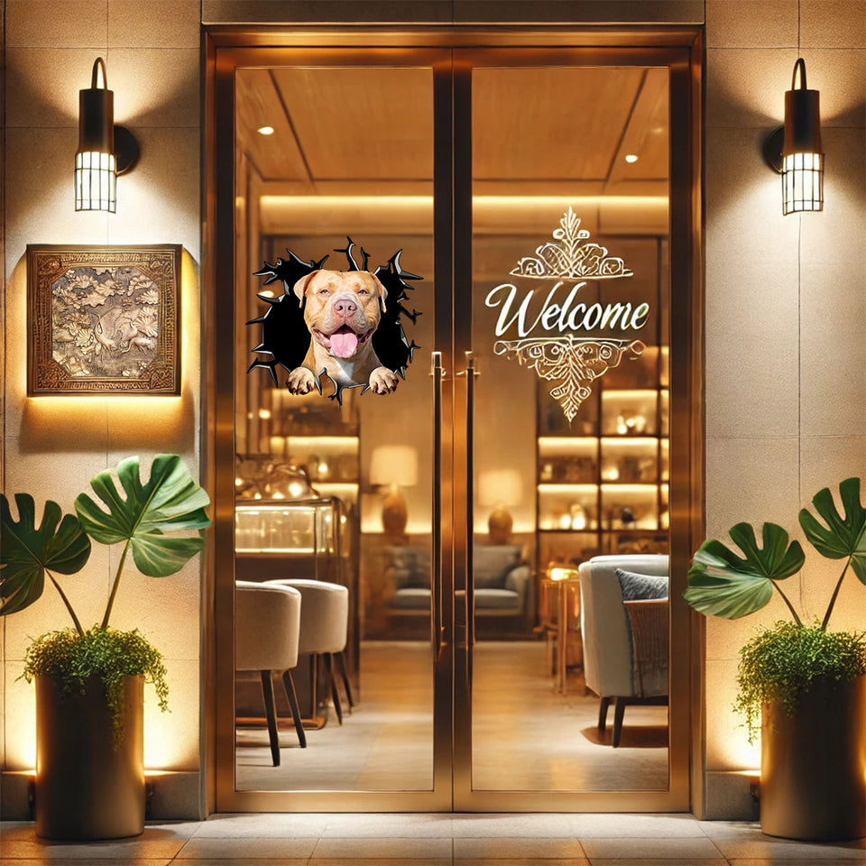 Eye-catching Pitbull art sticker positioned on a wooden front entrance door.
