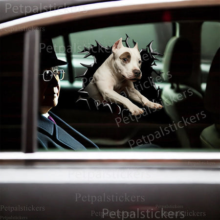 Playful Pitbull decal decorating the top lid surface of a modern white toilet.