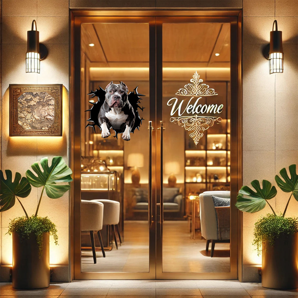 Eye-catching Pitbull vinyl decal styled gracefully on a clean glass front door.