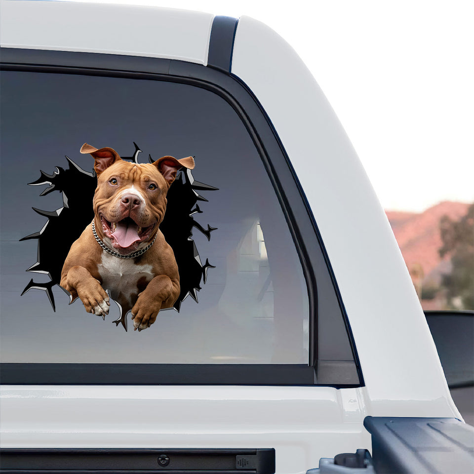 Outdoor Pitbull window decal displayed clearly on the back glass of a truck for dog lovers.
