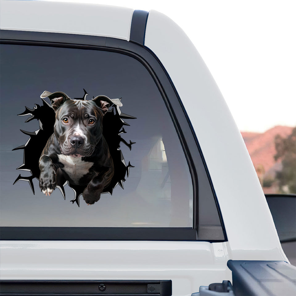 Clear vinyl Pitbull decal applied to the rear window of a truck outdoors.