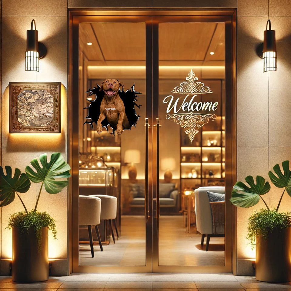 Realistic peeking Pitbull sticker mounted firmly onto a wooden front door.