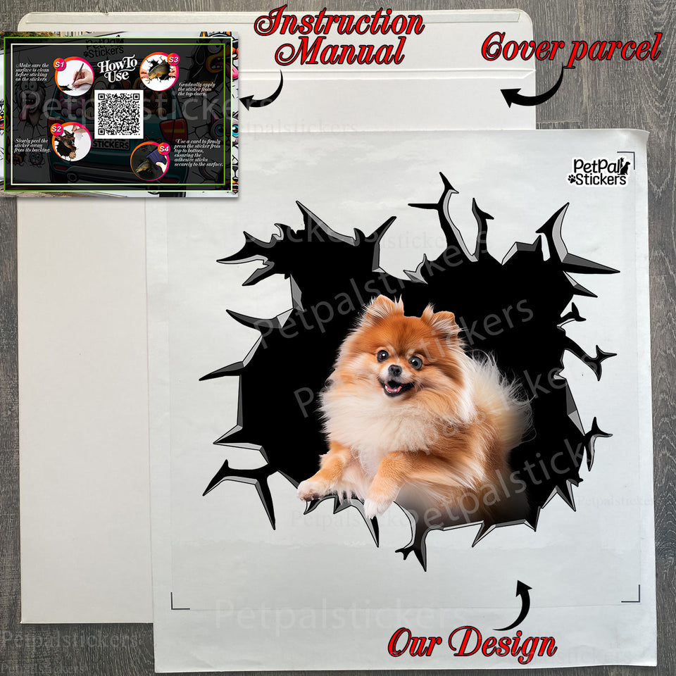 Clear protective package showing the Pomeranian graphic decal and instructions.