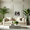 Playful Pug art decal placed on a smooth bedroom wall as decorative interior room art.