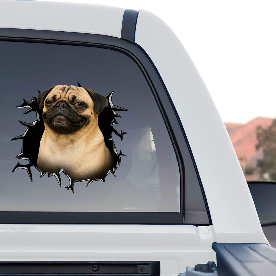 Cute Pug  For Laptop decal showcased clearly on the rear window of a truck outdoors.