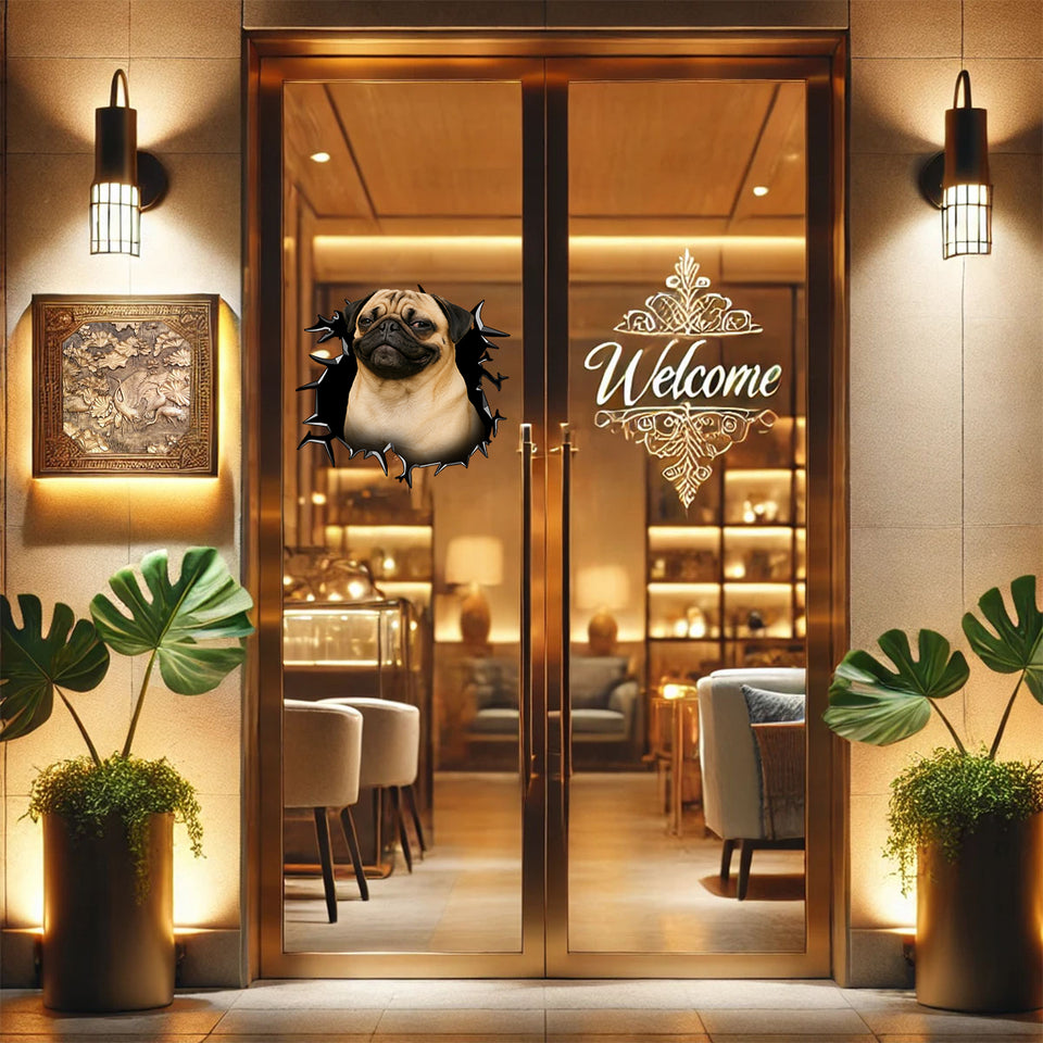 Expressive Pug  For Laptop artwork sticker positioned neatly on a smooth glass door.