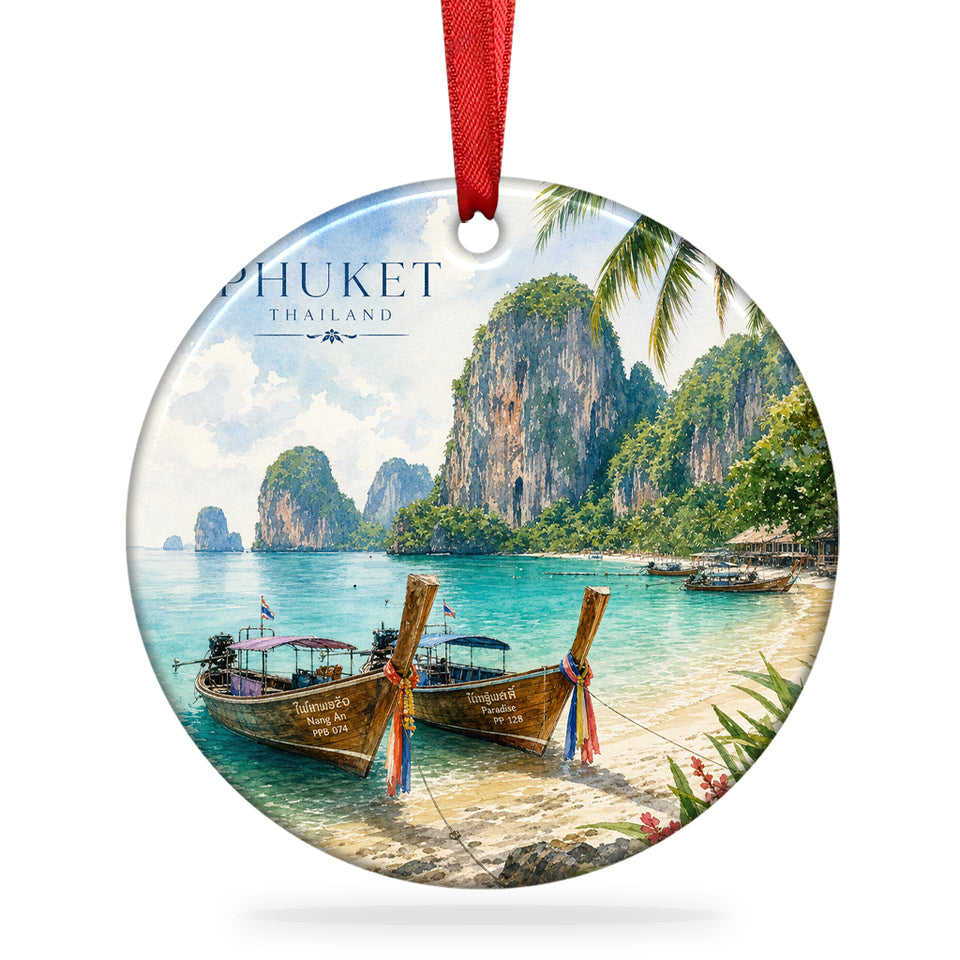 Railay Beach Christmas ornament shown on a clean white background with hanging ribbon.