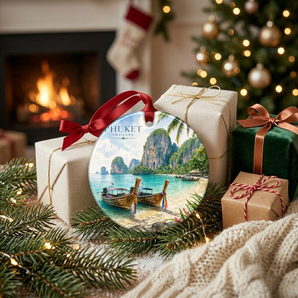 Tropical beach souvenir ornament placed beside wrapped holiday gifts and a glowing fireplace.