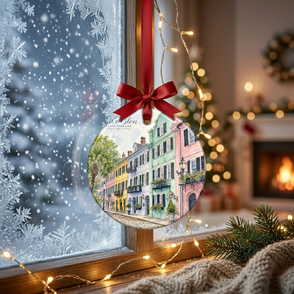 Pastel historic row ornament hanging gracefully in front of a frosty morning window with daylight.