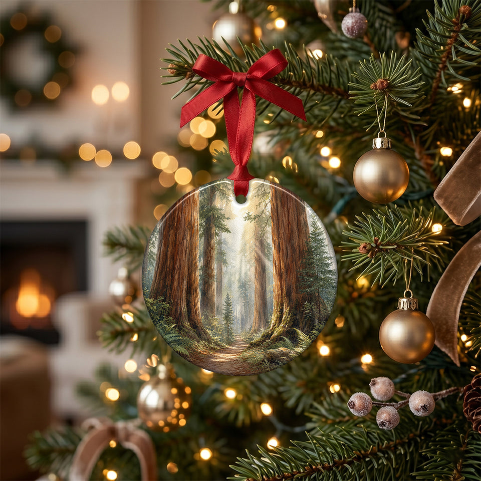 Ceramic redwood forest holiday keepsake hanging gracefully from a pine tree branch surrounded by warm lights.