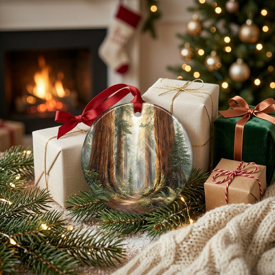 Holiday ornament resting next to wrapped gifts with a cozy glowing fireplace in the background.