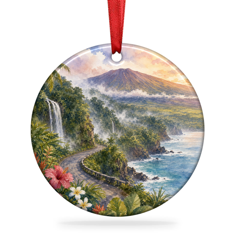 Road to Hana ceramic ornament shown on a clean white background with hanging ribbon.