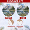 Detailed size chart showing the 3-inch round dimensions and double-sided print of the mountain ornament