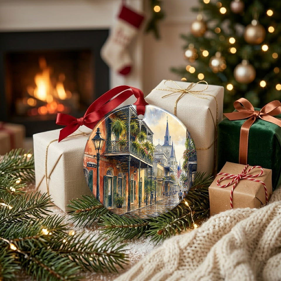 Festive French Quarter holiday decor set beside wrapped gifts near a warm glowing fireplace