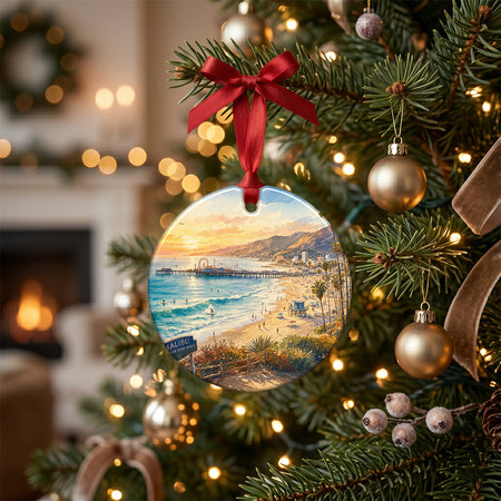 Round beach memento styled on a rustic table with pinecones and ambient candlelight.