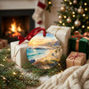 Holiday keepsake nestled next to wrapped gifts and a glowing fireplace hearth.