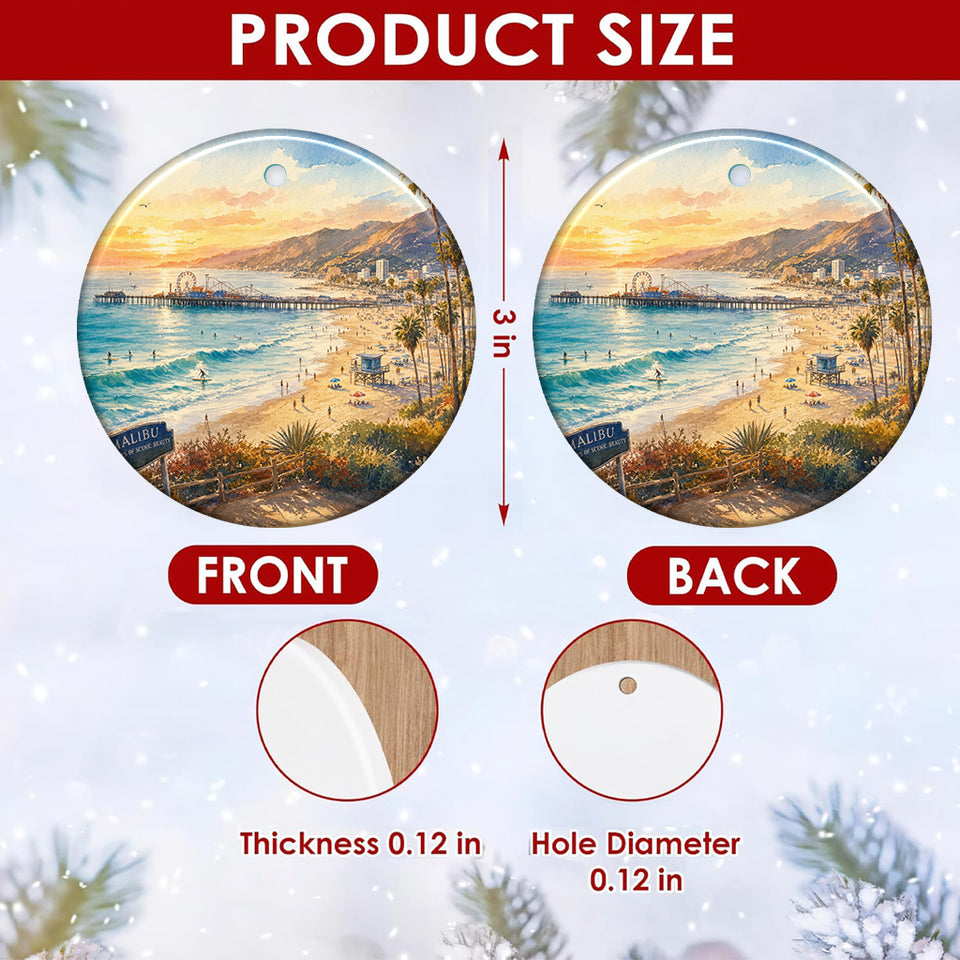 Detailed size chart diagram highlighting the 3-inch ceramic ornament dimensions and two-sided print.