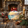 Round beach memento styled on a rustic table with pinecones and ambient candlelight.