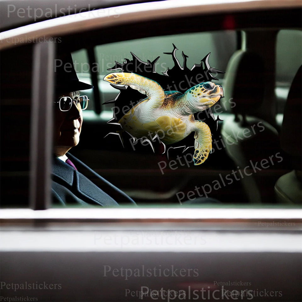 A realistic sea turtle decal decorates the exterior smooth surface of a car door.
